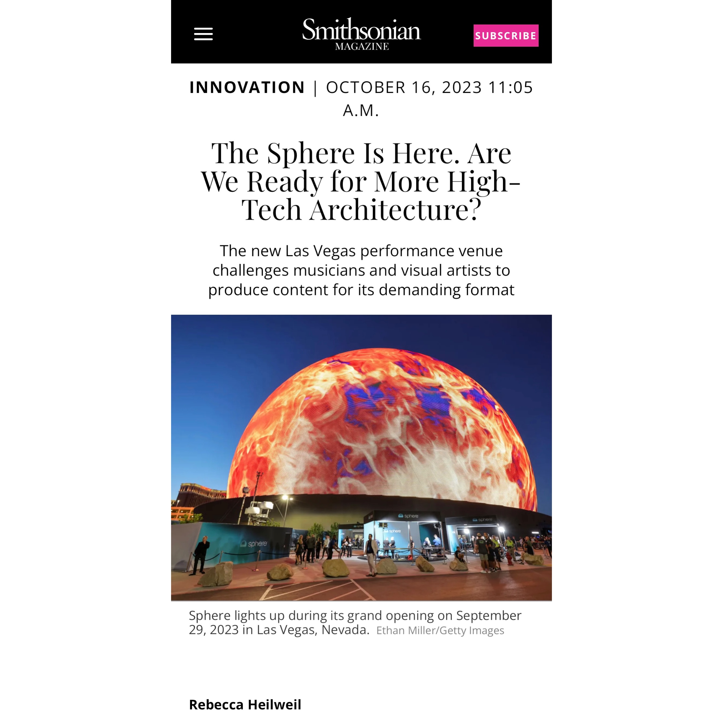 Quoted in Smithsonian Magazine article about Sphere